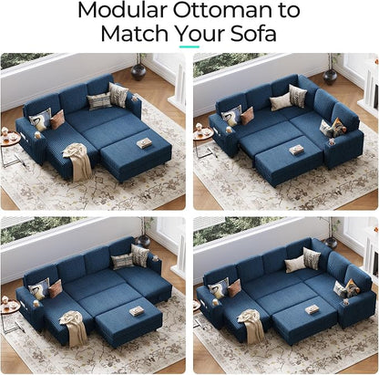 LINSY HOME Sectional Sleeper Sofa with Pull Out Couch Bed for Living Room (Blue) | Plush Corduroy