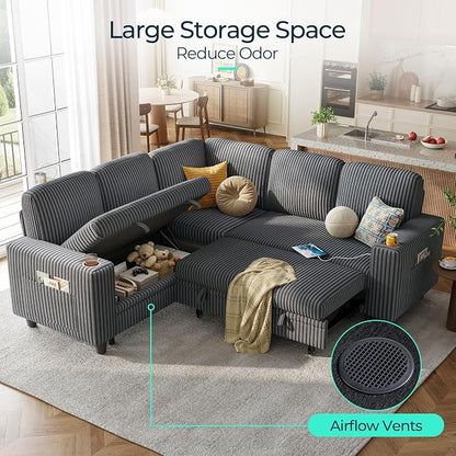 LINSY HOME 81" Modular Sectional Couch with Pull Out Bed, L Shaped 5 Seats Sofa with Storage Loveseat, Corduroy Convertible Sofa Bed, USB, Cup Holders, Side Pocket, Sleeper Sofa for Living Room, Grey