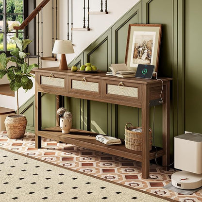 SUPERJARE Rattan Console Sofa Table with Outlets and USB-C Port, 3 Drawer Entryway Table with Synthetic Rattan Surface, Open Shelf, Behind Couch Entry Foyer Hallway Storage, Brown