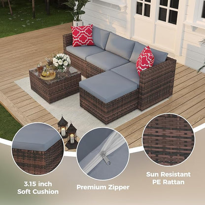Patio Furniture Set 4 Pieces, Outdoor Patio Furniture Set with Rattan Wicker Chairs, Glass Table and Cushions for Porch, Balcony, Backyard, Garden, Poolside, Brown & Red (Brown + Light Grey, 5 Pieces)