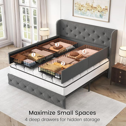 LARMACE Full Size Bed Frame with 4 Storage Drawers and 47.2" Tall Wingback Headboard Linen Upholstered Platform Bed Frame Tufted Beds with Wooden Slats Support, Easy Assembly, Light Grey