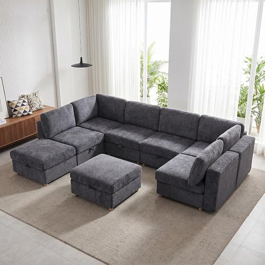 ERYE 132-Inch Oversized U Shaped Sectional Sofa 8 Seat Modular Storage Sofa Couch W/Deep Seat,Skin Friendly Plush Chenille Upholstered Corner Convertible Sectional W/Movable Ottoman