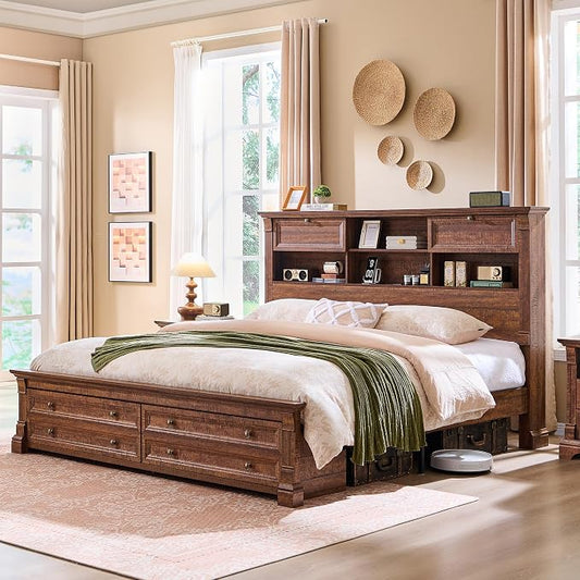 Farmhouse Queen Size Bed Frame with 54" Tall Headboard, Headboard with 4 Storage Rack, 2 Drawers, Wood Platform Bed Frame,18" Roman Column Decoration Footboard,No Box Spring Needed(Reclaimed Barnwood)