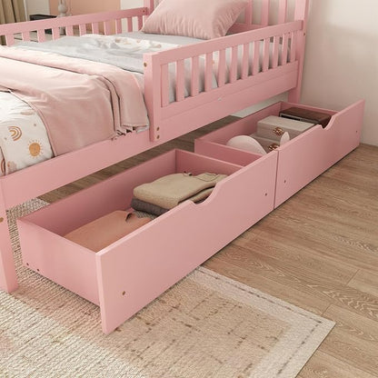 Kids Twin Size Bed Frame with Storage Drawers, Wood Twin Bed Frames for Kids, Twin Bed Frame with Headboard and Footboard for Boys Girls, No Box Spring Needed,Pink