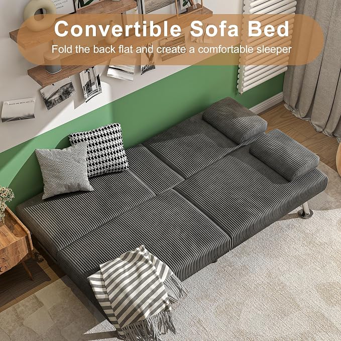 Shahoo Modern Upholstered Convertible Folding Futon Sofa Bed with Removable Armrests, Metal Legs, 2 Cup Holders for Living Room, Grey