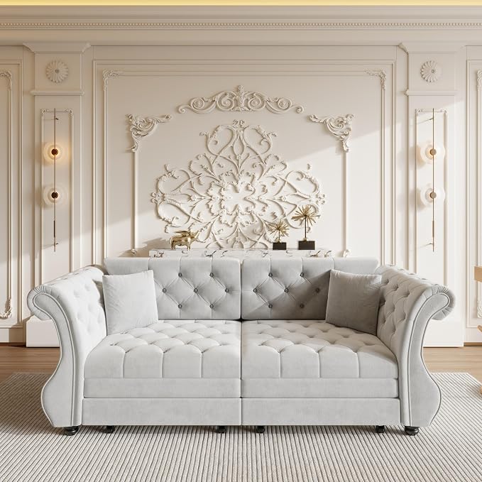 83.8" Oversized Pull Out Sofa Bed, Chesterfield Velvet Sleeper Sofa Couch with Roll Arm & Flower Tufting, Heavy Duty Metal Frame Convertible Sofa for Living Room, Apartment, Guest Room, Light Grey