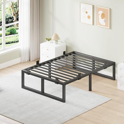 Twin Bed Frames, 14 Inch Metal Platform Bed Frame with Squeak Free U-Slot Design, 6 Non-Slip Guards, 3500lbs Heavy Duty Steel Slat Support, No Box Spring Needed, Under Bed Storage, Black