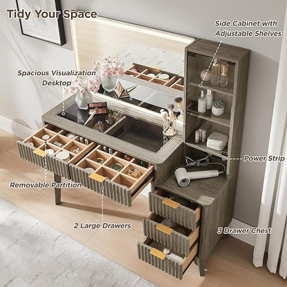 T4TREAM 48" Fluted Makeup Vanity Desk with Large 36" Mirror and Lights, Modern Glass Top Big Vanity Table w/5 Drawers & Adjustable Shelves, Dressing Table w/Charging Station for Bedroom, Brown Alder