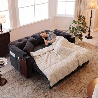 73" Queen Size Sofa Bed, Loveseat Sleeper Sofa with Pull Out Bed, 360° Swivel Table and USB, Modern 2 Seater Convertible Corduroy Couch for Living Room Bedroom Apartment, Black