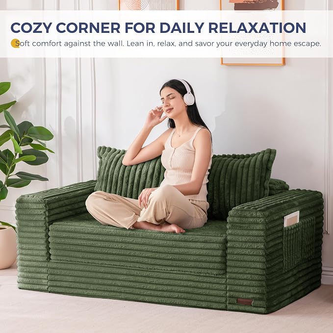 MAXYOYO Convertible Sofa Bed, 2 in 1 Folding Couch Bed for Small Space, Pull Out Loveseat Sofa Couch with Large Back Pillow, Plush Fabric Lounge Couch for Living Room, Apartment, Dark Green
