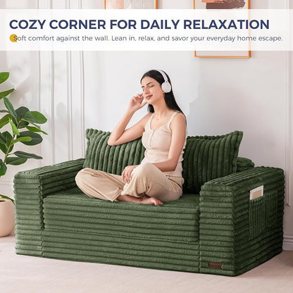 MAXYOYO Convertible Sofa Bed, 2 in 1 Folding Couch Bed for Small Space, Pull Out Loveseat Sofa Couch with Large Back Pillow, Plush Fabric Lounge Couch for Living Room, Apartment, Dark Green