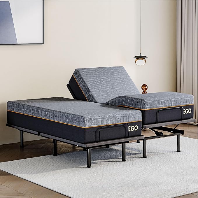 Dyonery Split King Adjustable Bed Base Frame with Wireless Remote + 12 Inch SPK Gel Memory Foam Mattress Bed in a Box, Head and Foot Incline, Zero Gravity, Fiberglass Free,80" × 38"