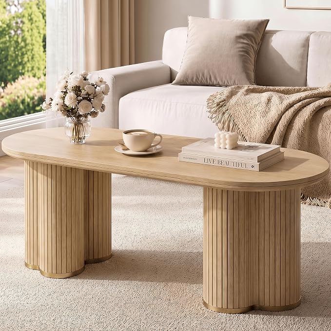 YOSHOOT Oval Fluted Coffee Tables for Living Room, 47" Wood Coffee Table | Modern Coffee Table for Living Room Home Office, Farmhouse Center Table, Oak