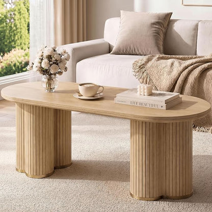 YOSHOOT Oval Fluted Coffee Tables for Living Room, 47" Wood Coffee Table | Modern Coffee Table for Living Room Home Office, Farmhouse Center Table, Oak