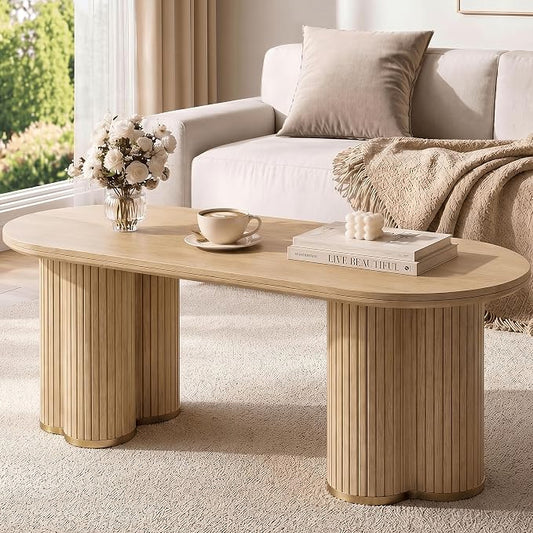 YOSHOOT Oval Fluted Coffee Tables for Living Room, 47" Wood Coffee Table | Modern Coffee Table for Living Room Home Office, Farmhouse Center Table, Oak