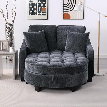 ERYE Chenille Tufted Loveseat Sofa and Ottoman Set, Tufted Recliner Sleeper Chaise Lounge with Curved Storage Ottoman,Reclining Backrest and Side Pockets, 4 Pillows