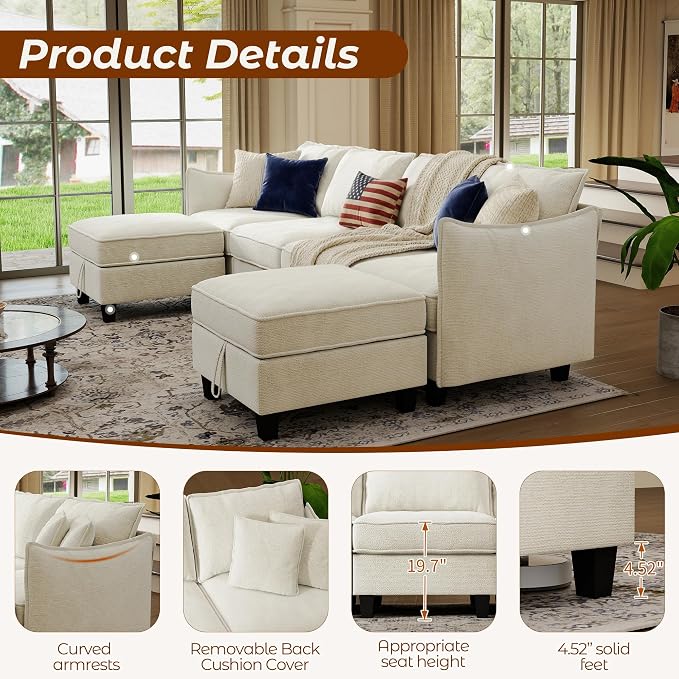 WorthFurni 112" Modular Sectional Sofa U Shape Couches with Storage Ottoman and Washable Cushion Cover for Living Room, Bedroom, Apartment(Beige)