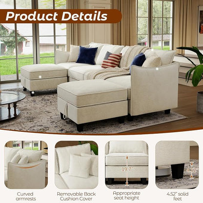 WorthFurni 112" Modular Sectional Sofa U Shape Couches with Storage Ottoman and Washable Cushion Cover for Living Room, Bedroom, Apartment(Beige)