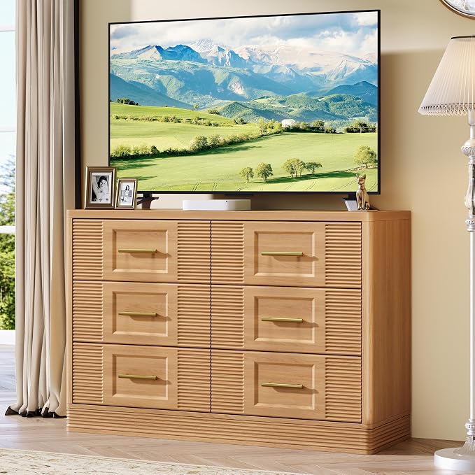 RECHHX Farmhouse 6 Drawers Dresser for Bedroom, 47.2" Wide Large Modern Chest of Drawers, Wooden Thermoformed Curved Dresser Organizer for Bedroom, Living Room, Natural Oak