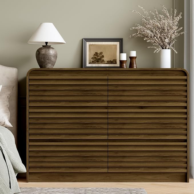 Dresser and Nightstand Sets for Bedroom, 3 Pcs Bedroom Set, Fluted 6 Drawer Dresser with Curved Profile and Night Stand Set of 2 with Charging Station, Wood Chest of Drawers, Walnut