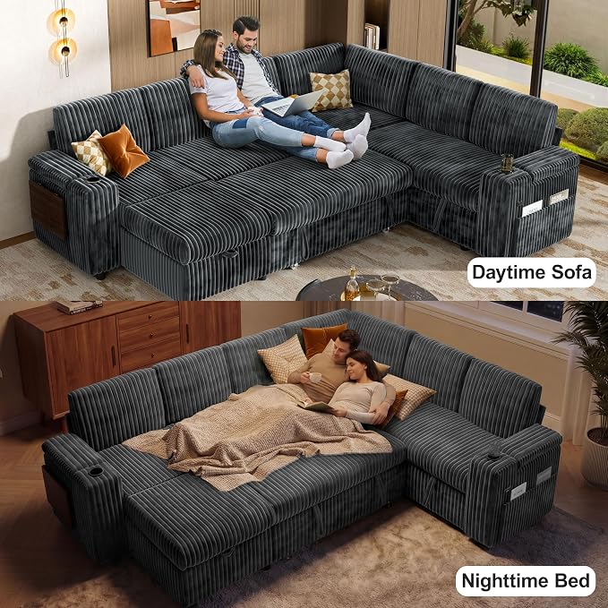 Vipbear 111" Modular Sectional Sleeper Sofa with Pull Out Bed, 7 Seat Corduroy L Shaped Couch with Ottoman|USB Ports|Cup Holders|Side Table|Storage Armrest, Tool Free Assembly, Grey