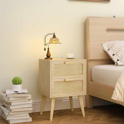 YAUKOMEL Rattan Nightstand, Wood End Table, Side Table with 2 Hand Made Rattan Decorated Drawers,Boho Bedside Table,Wood Accent Table with Storage for Livingroom, Bedroom, Natural CTG59Y