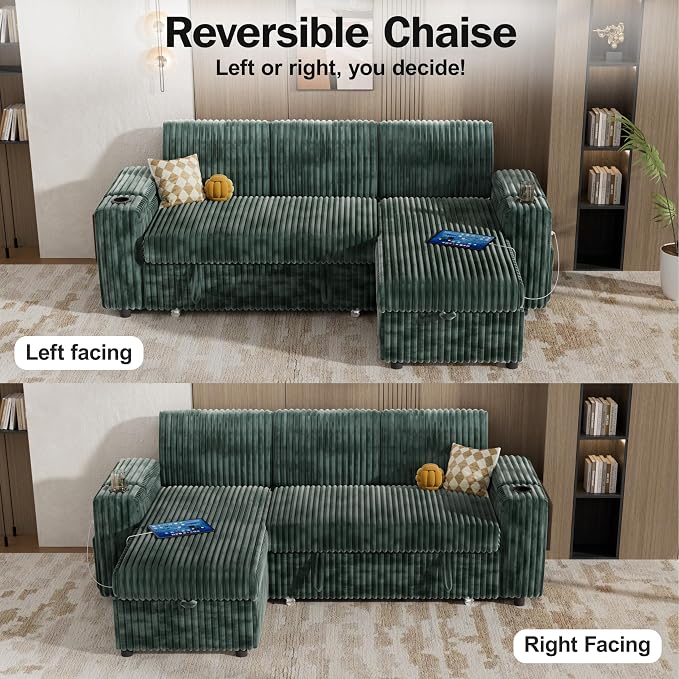 Vipbear 86" Modular Sectional Sleeper Sofa with Pull Out Bed, 3 Seat Plush Corduroy L Shaped Couch with Storage Chaise|USB Ports|Cup Holders|Side Table|Storage Armrests, Tool Free Assembly, Green