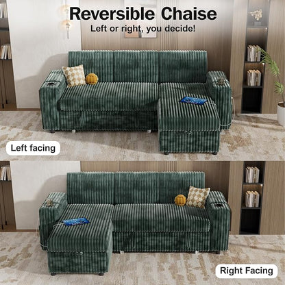 Vipbear 86" Modular Sectional Sleeper Sofa with Pull Out Bed, 3 Seat Plush Corduroy L Shaped Couch with Storage Chaise|USB Ports|Cup Holders|Side Table|Storage Armrests, Tool Free Assembly, Green