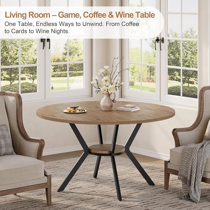 MECHYIN 42" Round Dining Table for 2-4, Farmhouse Kitchen Table with Storage, Space Saving Circle Dinner Table, Rustic Light Wood Kitchen & Dining Room Tables with Metal Legs for Kitchen, Dining Room
