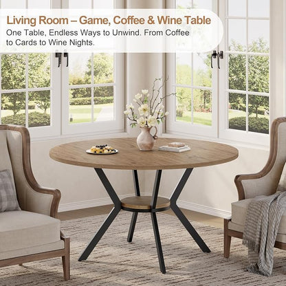 MECHYIN 42" Round Dining Table for 2-4, Farmhouse Kitchen Table with Storage, Space Saving Circle Dinner Table, Rustic Light Wood Kitchen & Dining Room Tables with Metal Legs for Kitchen, Dining Room