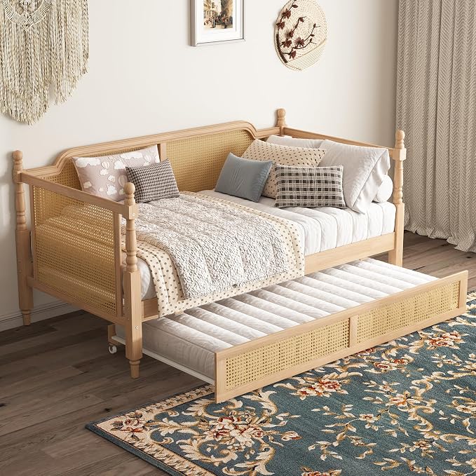 Merax Full Size Bedframe with Full Trundle and Footboard, Vintage Wooden Daybed Platform Bed with Natural Rattan Headboard, No Box Spring Needed, Noise-Free, Antique Walnut