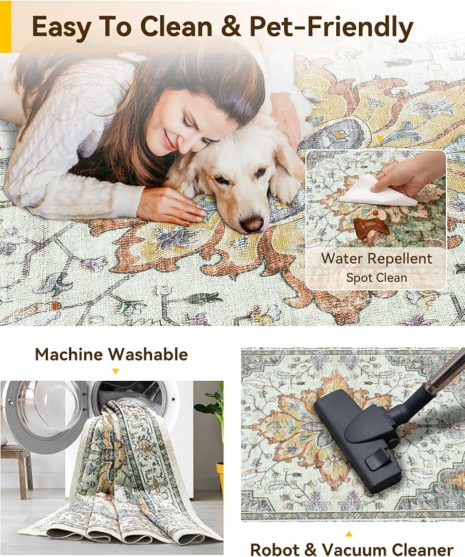 RELEANY Area Rugs Runner 2'x5' Washable Non-Slip, Floral Vintage Distress Medallion Carpet for Kitchen Hallway Bedroom Beside Laundry Room Bathroom, Beige Carbon Grey Orange