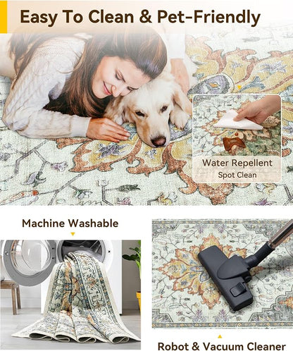 RELEANY Area Rugs Runner 2'x5' Washable Non-Slip, Floral Vintage Distress Medallion Carpet for Kitchen Hallway Bedroom Beside Laundry Room Bathroom, Beige Carbon Grey Orange