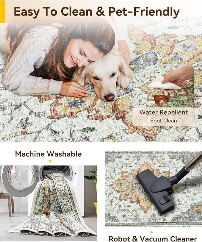 RELEANY Area Rugs Square 7ft Washable Non-Slip, Floral Vintage Distress Medallion Carpet for Living Room Bedroom Dining Room, Beige Carbon Grey Orange