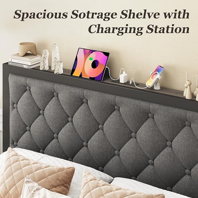 Fluest Queen Bed Frame with 2 Storage Drawers, Upholstered Headboard Button Tufted Bed Frame with Charging Station, No Box Spring Needed, Noise-Free, All Metal Structure, Grey