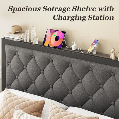 Fluest Queen Bed Frame with 2 Storage Drawers, Upholstered Headboard Button Tufted Bed Frame with Charging Station, No Box Spring Needed, Noise-Free, All Metal Structure, Grey