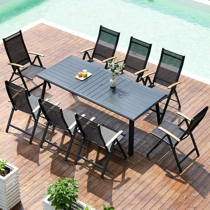Pellebant 9 Pieces Aluminum Patio Table and Chairs Set - 83" Rectangular Table and Foldable Chairs Outdoor Dining Set with Umbrella Hole, Weather Resistant Sturdy Frame for Deck, Porch & Backyard