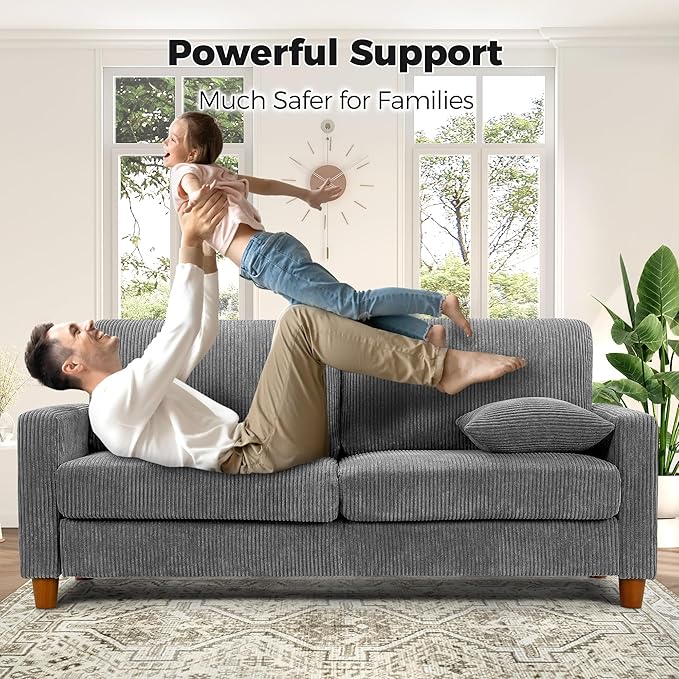 Kidirect 70in Corduroy Couch, Sofa No Tool Assembly, Comfy Couches for Living Room 21in Deeper Seats, Corduroy Sofas for Living Room with 2 Pillows, Oversized Loveseat Sofa, Boho Love Seat Grey Couch