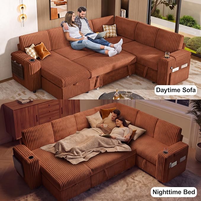 Vipbear 111" Modular Sectional Sleeper Sofa with Pull Out Bed, 7 Seat Plush Corduroy L Shaped Couch with Storage Chaise|USB Ports|Cup Holders|Side Table|Storage Armrests, Tool Free Assembly, Orange
