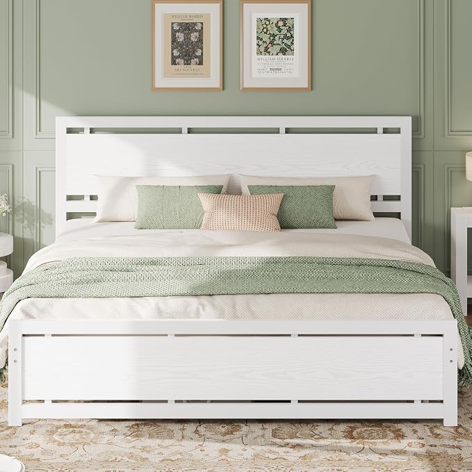 LIKIMIO King Bed Frame with Headboard and Footboard, Metal Strong Supports, Easy Assembly, Noise-Free, No Box Spring Needed, White