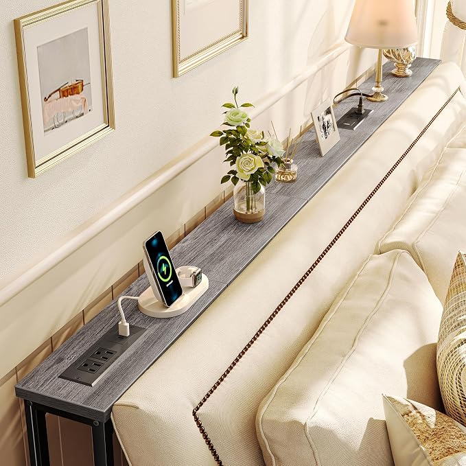 SUPERJARE 79 Inch Sofa Table with 2 Power Outlets and USB-C Ports, 5.9 Inch Narrow Console Table with Storage, Long Entryway Hallway Couch Table Behind Sofa, Small Spaces, Living Room, Grey AST001H