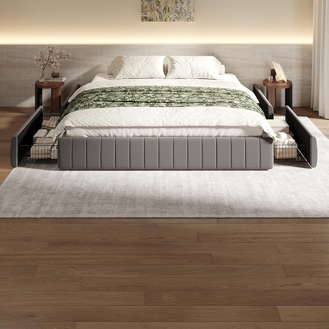 SHA CERLIN King Size Velvet Upholstered Platform Bed Frame with 4 Storage Drawers, Vertical Channel Tufted, Low Profile, Fits Standard Headboards, Wooden Slats Support, Easy Assembly, Grey