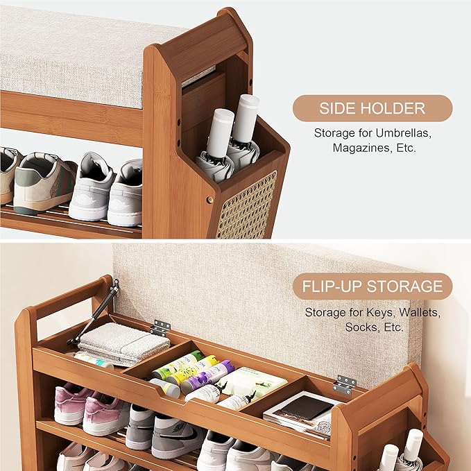 PETKABOO 31.5" Bamboo Shoe Rack Bench with Coat Rack, 3-Tier Entryway Bench with Thick Cushion, Flip-Top & Side Baskets, Holds Up to 550 LBS for Hallway, Living Room, Bedroom