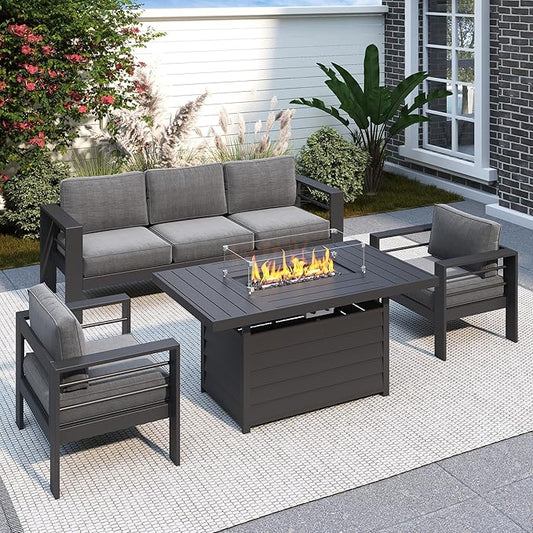 Solaste Aluminum Patio Furniture Set with Fire Pit Table, 4 Piece Metal Outdoor Furniture with Water-Resistant Cushions, Modern Patio Conversation Set for Balcony, Front Porch, and Backyard, Grey