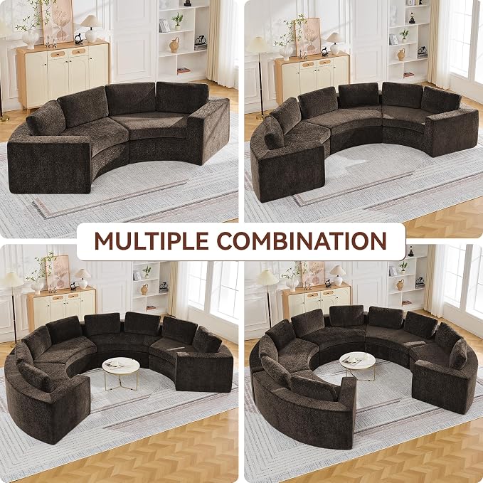WUTUTUEE 139'' Curved Round Boneless Couch, Oversized Cloud Sofa with Deep Seat & Arms, Chenille Modular Sectional Sofa with Pillows, Upholstered Comfy 6 Seat Couch for Living Room, Brown