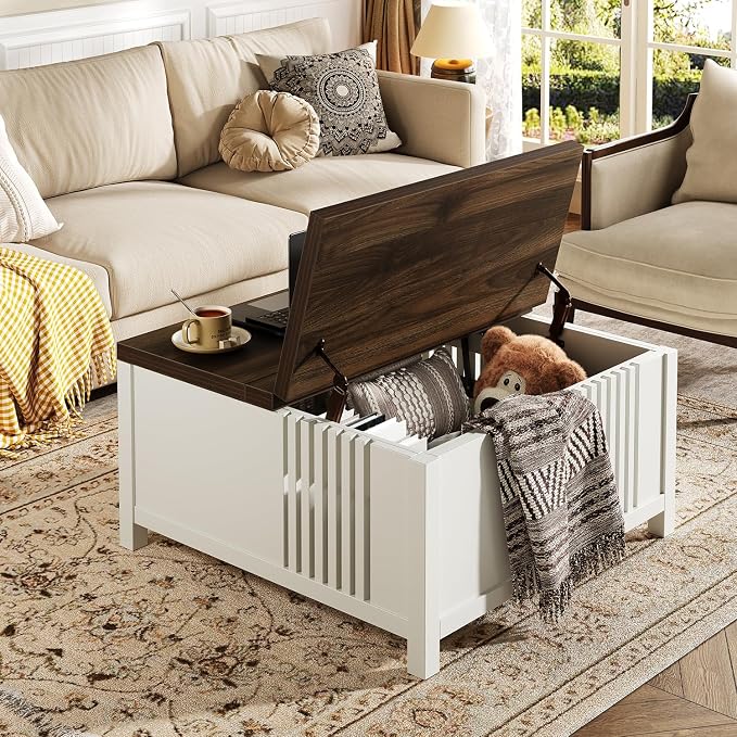 knoworld Farmhouse Lift Top Coffee Table with Storage, 35" Square Large Coffee Table with Hidden Compartment, Rustic Wood Center Table for Living Room, White