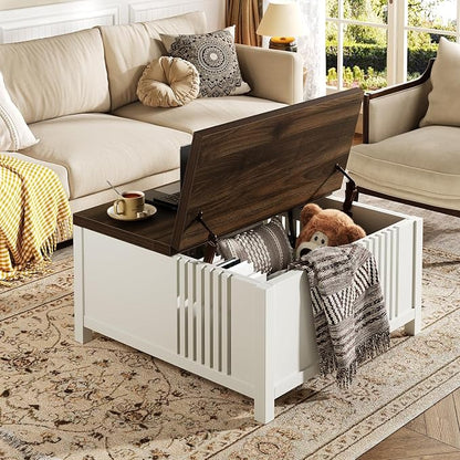 knoworld Farmhouse Lift Top Coffee Table with Storage, 35" Square Large Coffee Table with Hidden Compartment, Rustic Wood Center Table for Living Room, White