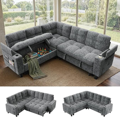 AMADA HOMEFURNISHING 85″ Modular Sectional Sleeper Sofa with Pull Out Couch, U Shaped 5 Seat Sectional Sofa with Storage, USB Ports & Cup Holders, Chenille Cloud Couches for Living Room, Light Gray