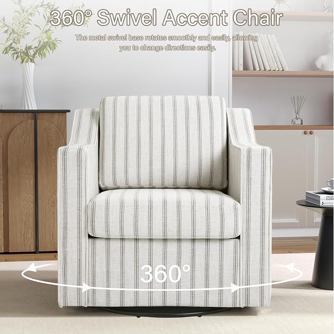 Swivel Accent Chairs Set of 2, 360° Swivel Upholstered Club Armchairs for Living Room, Comfy Reading Chair with Deep Seat, Metal Swivel Base, Pinstripe Light Gray