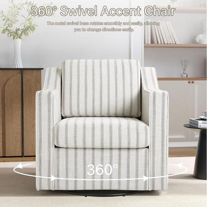 Swivel Accent Chairs Set of 2, 360° Swivel Upholstered Club Armchairs for Living Room, Comfy Reading Chair with Deep Seat, Metal Swivel Base, Pinstripe Light Gray